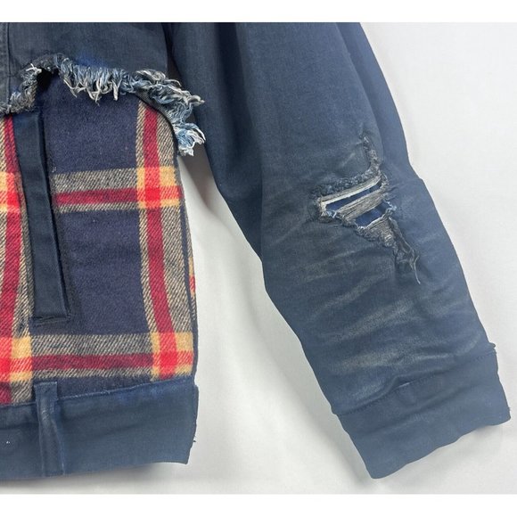 Makobi Mens Small Dark Blue Plaid Zip Denim Jean Sherpa Jacket Distressed M1035 - Picture 9 of 11